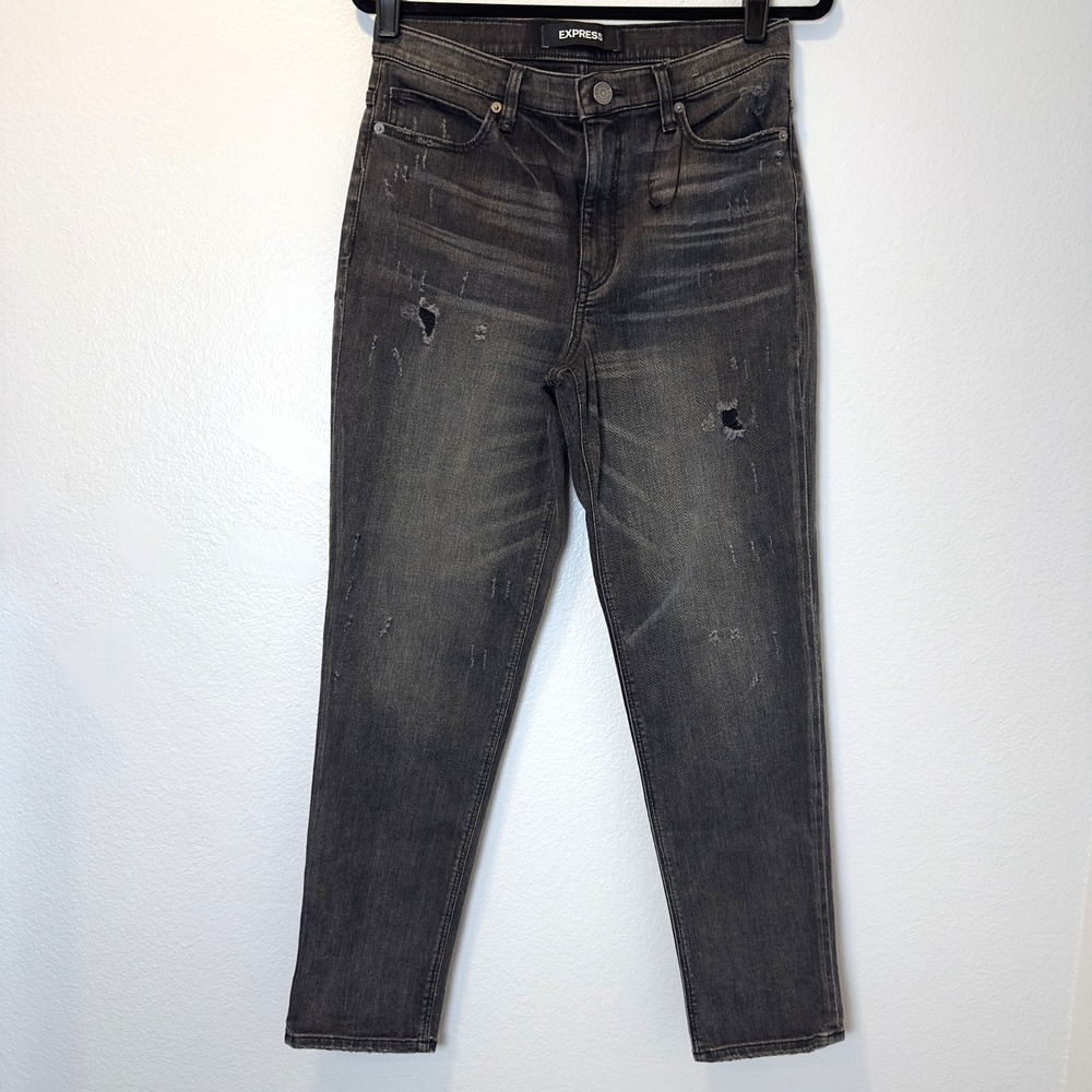 Express Women's Size-8 Pant Jeans‎ Skinny High Rise Wash Black Distressed